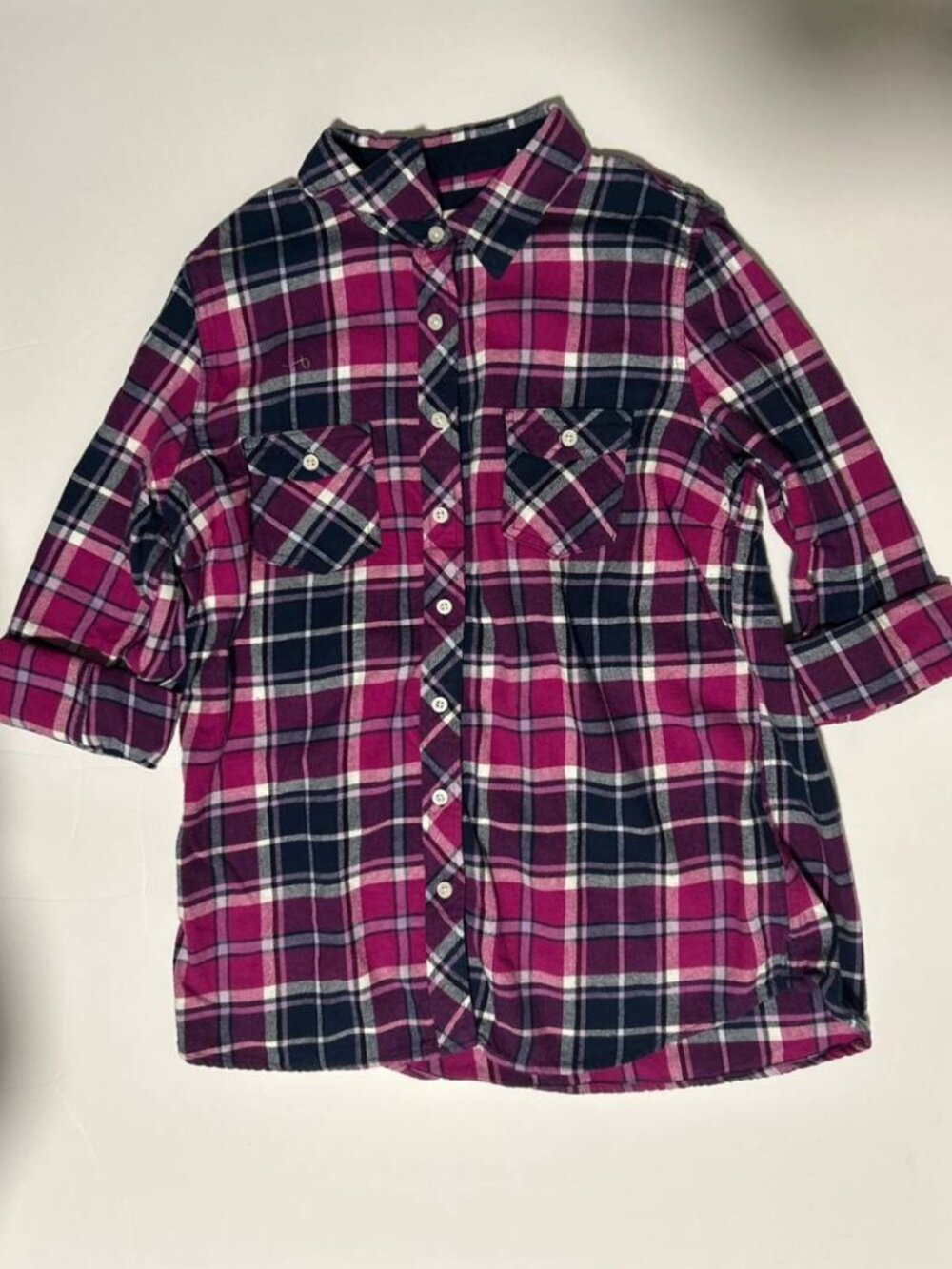Weatherproof Vintage Pink & Navy Plaid Cotton Flannel Shirt L